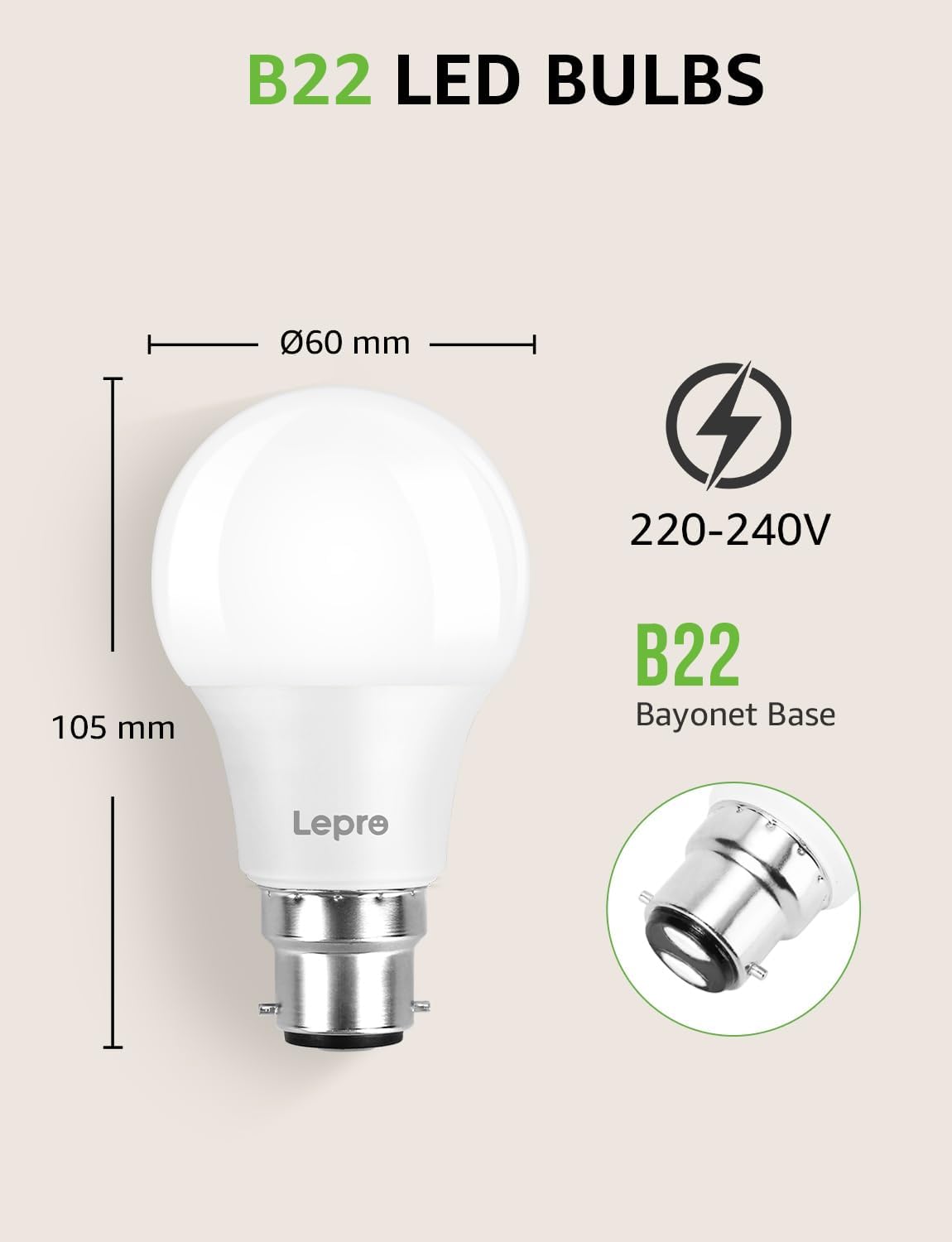 Lepro B22 Bayonet Light Bulb, 8.5W = 60W, 806lm Warm White 2700K, 6 Pack