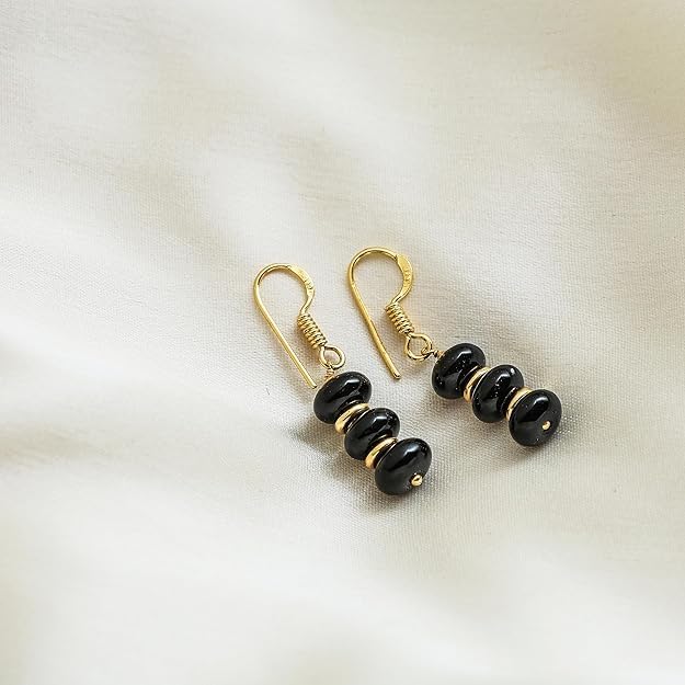 Gempires Natural Gemstone Rondelle Bead Earrings for Women | 8mm Beaded Drop Dangle Earrings | Gold Plated Hypoallergenic Hook Jewelry | Handmade Lightweight Crystal Earrings