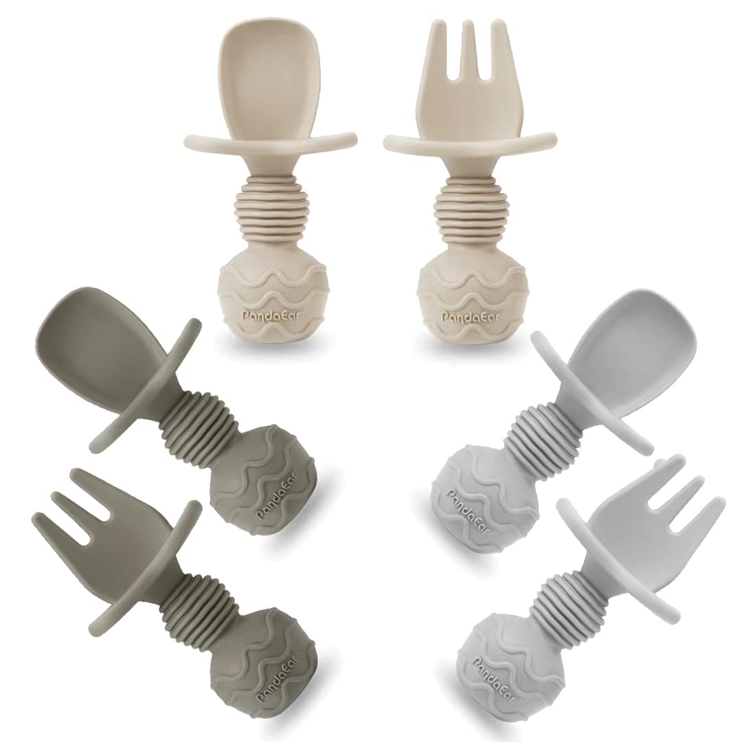 PandaEar 6 Pack Silicone Baby Weaning Spoons and Forks Set| Toddler Cutlery Self Feeding Spoons for Baby| Anti-Choke Design for Baby Led Weaning 3 Months Plus (Blue Green Tan)