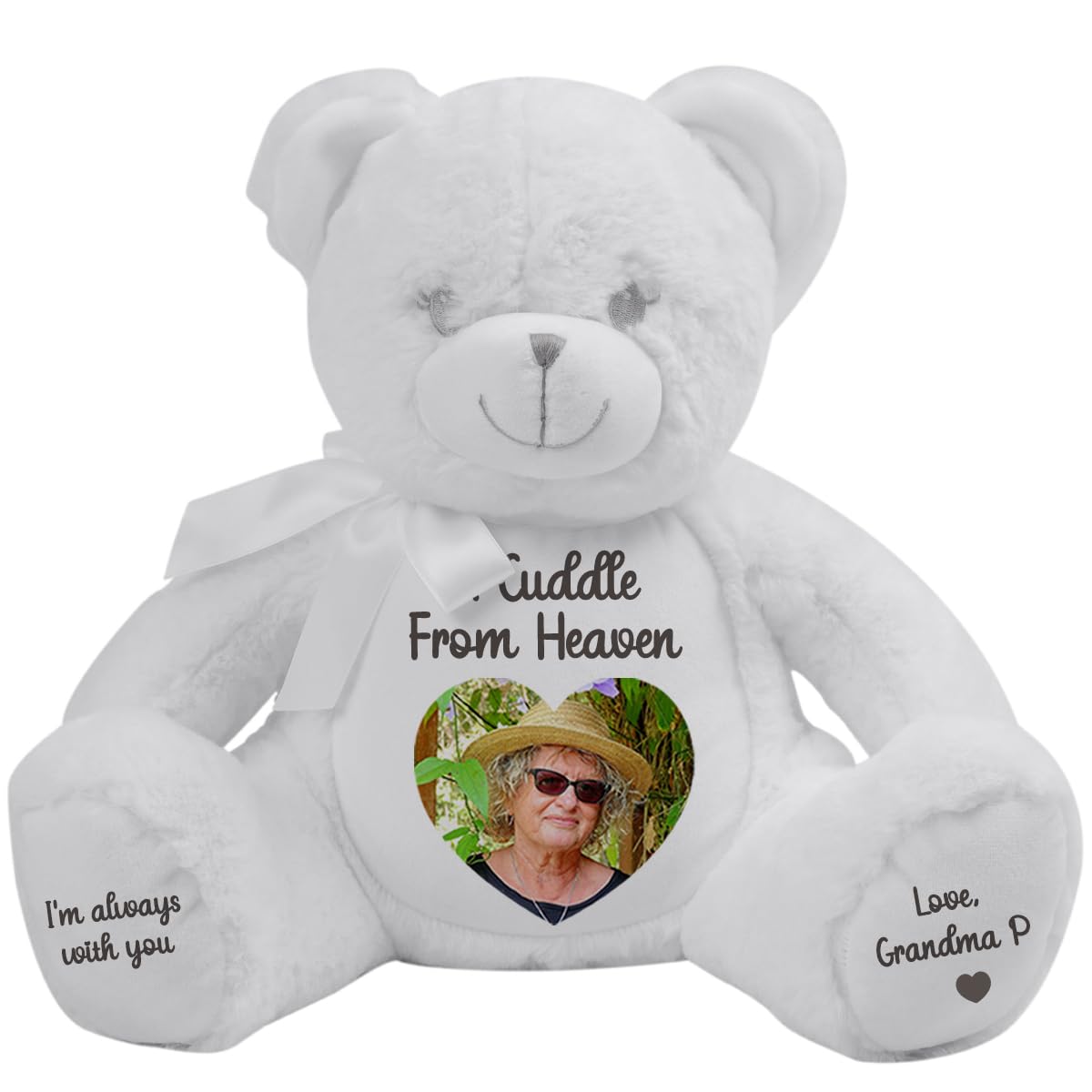 Personalised Memory Teddy Bear with Heart-Shaped Photo – “A Cuddle From Heaven” Keepsake Gift – 28 Bear Styles – Add Your Text & Choose Colour – Custom Memorial Bear (White Angel Teddy)