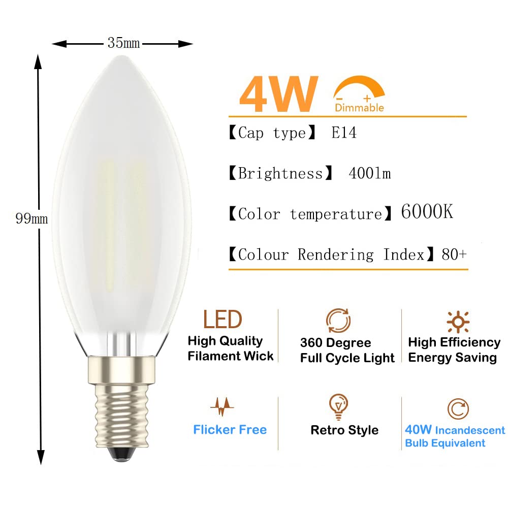 E14 Dimmable Led Candle Bulb,Small Edison Screw,4w, Warm White 2700K，2 Pack