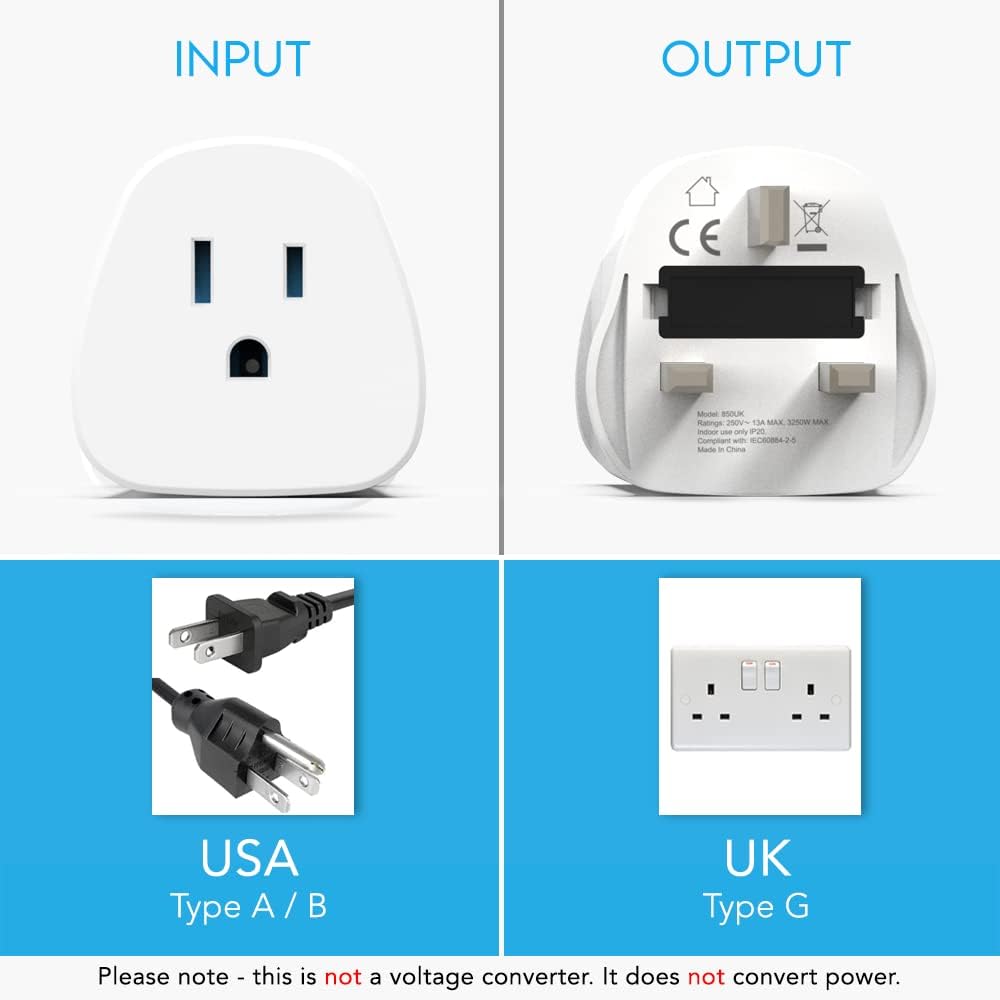 MyTravelPal US to UK Plug Adapter | UK Safety Standards | Grounded Type A/B