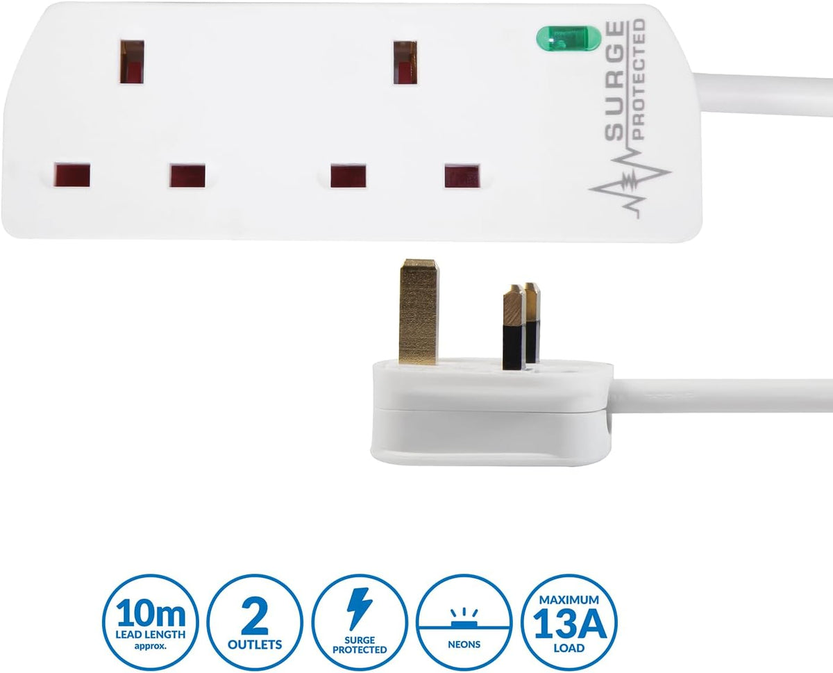 PRO ELEC PELB1951 2 Gang Surge Protected Extension Lead White, 10m