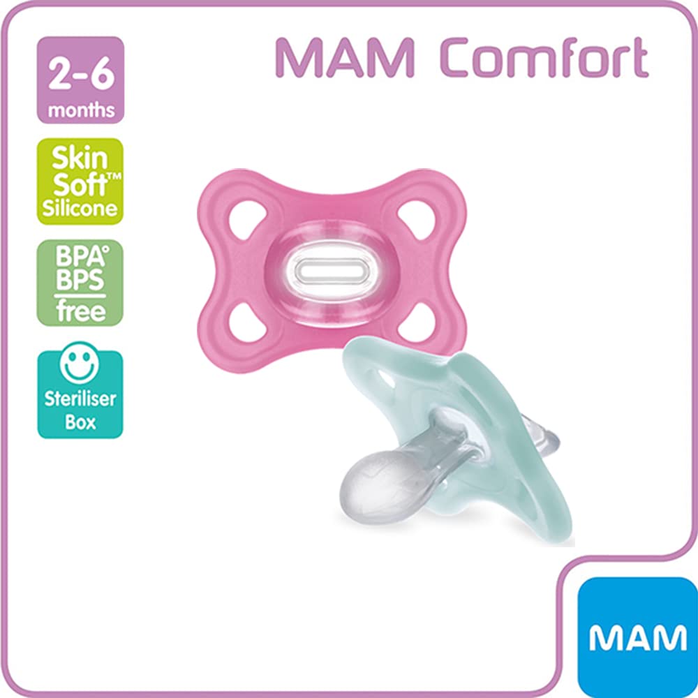 MAM Comfort Dummies, 0-3M, 2 Pack, Orthodontic Design, Pink/Cream
