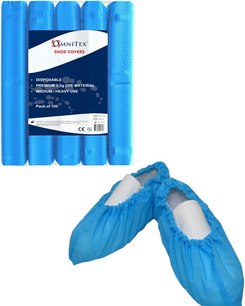 100x Omnitex® 3.5g Premium Disposable Shoe Covers, Strong Floor, Carpet Protectors. Embossed Overshoes. Medium to Heavy Use (1x Pack of 100)