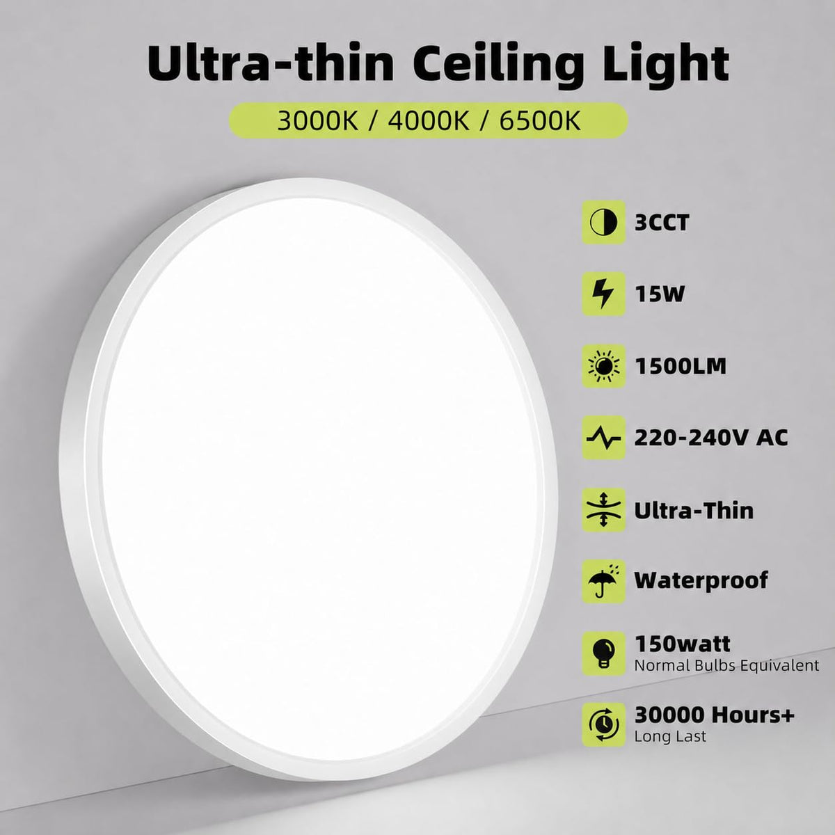 hepside Bathroom Light, 3000K/4000K/6500K 3 Color Temperature LED Ceiling Light, 15W 1500LM, Waterproof, Round, Small, Modern, Flush Ceiling Light for Bathroom, Kitchen, Bedroom, Black