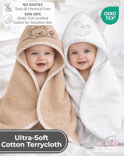 Soft Touch Newborn Essentials 100% Cotton Embroidered Hooded Baby Towel 70 x 70cm for Baby Boys and Girls 0-24 Months (2-Packs)