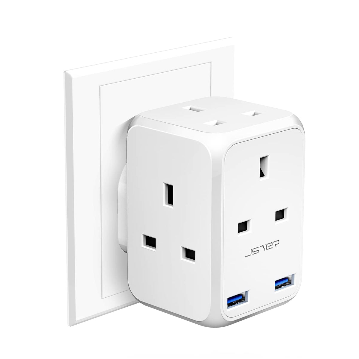 Double Plug Adaptor with 2 USB, JSVER Mini 2 Way Plugs Extension Sockets with USB Ports(5V/2.4A) Wall Charger Adapter, 13A UK 3 Pin Power Socket for Home, Office, Kitchen,White