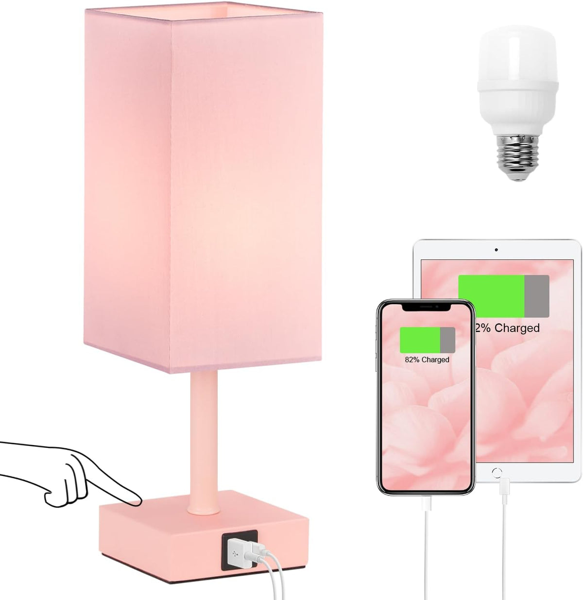 Pink Touch Lamp, Bed Lamp with Dual USB Charging Ports, Pink-Base (Bulb Included)