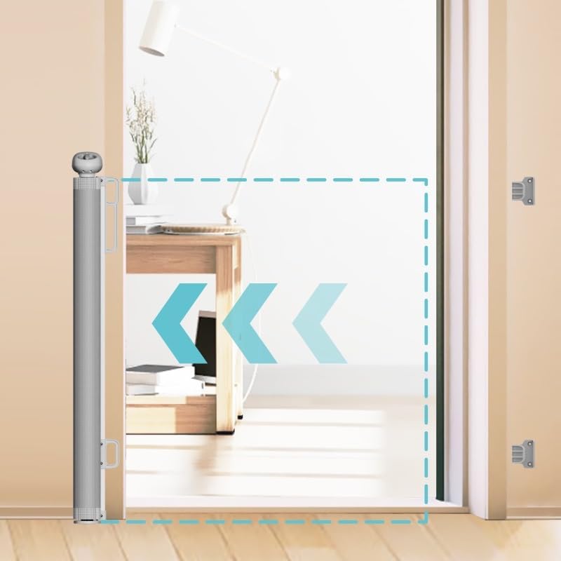 Retractable Baby Gate 87cm x 130 cm Stair Safety Gate Roll for Babies and Pets, dogs, Extendable Barrier Gates (White)