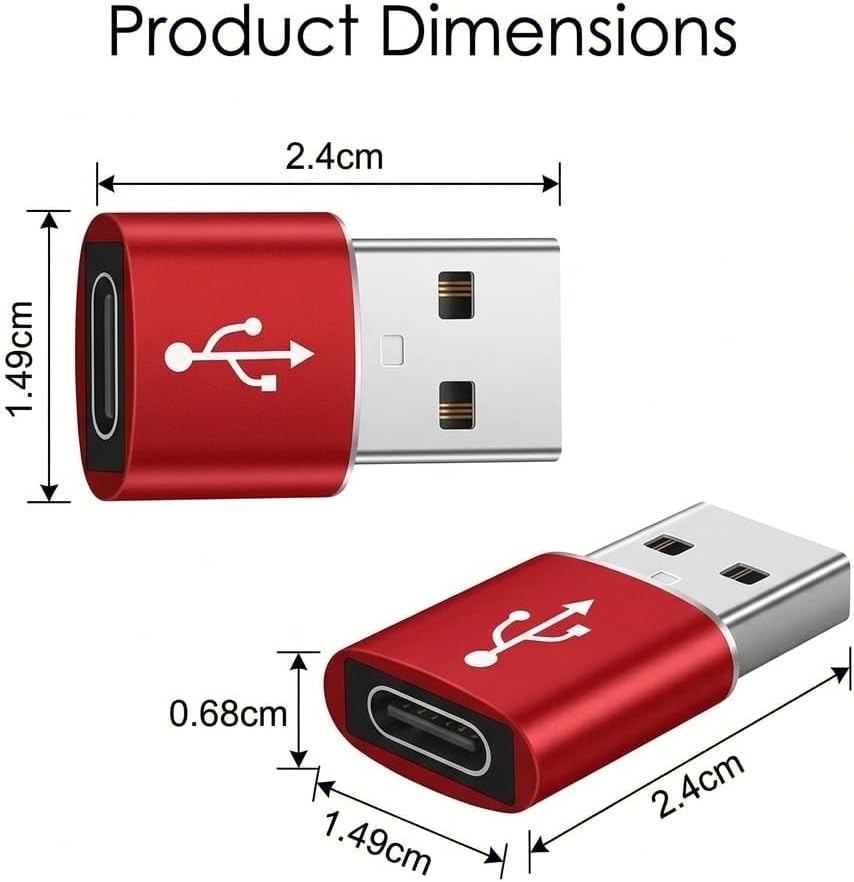 USB C to USB Adaptor, USB to USB C Adapter 2Pack, Type C Female to A Male Charger Cable Converter Compatible with Notebook, Tablet, Smartphone, iPad 10 Air 4 5,Apple 15 14 13 12 Pro Max (Red)