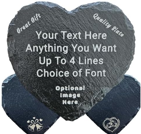 Personalised Engraved Heart Shape Slate Coaster/Placemat - Any Engraving - Optional Image- Hand Finished in UK 11cm or 25cm