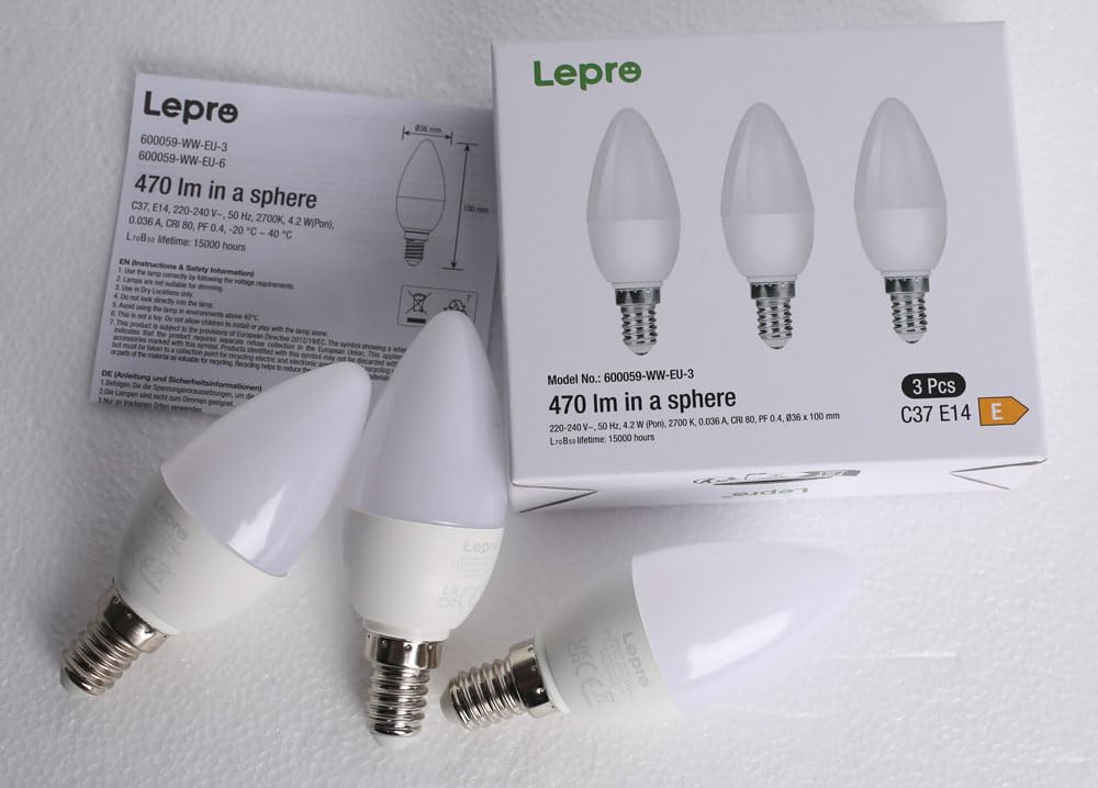 Lepro C37 E14 LED Light Bulb, Warm White 2700K, 4.2W=40W, 470LM, Pack of 6