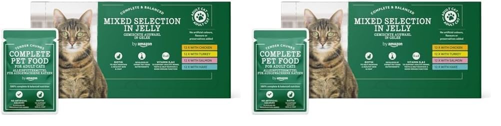 by Amazon Grain-Free Complete Wet Food for Adult Cats, Mixed Selection In Jelly, 4.8 kg (48 pouches of 100g)