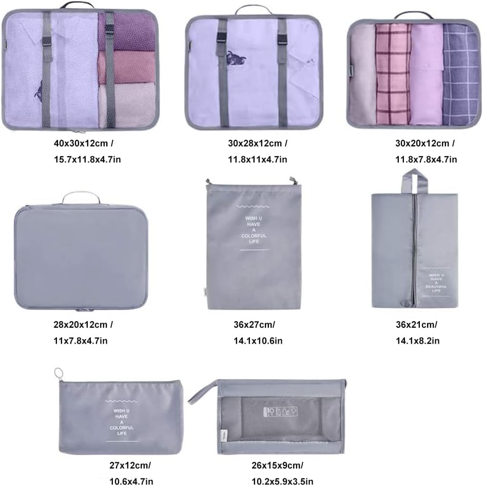 Travel Packing Cubes, Toifucos Multifunction 8pcs/set Luggage Organiser Compression Suitcase Essential Bag, Dark Gray