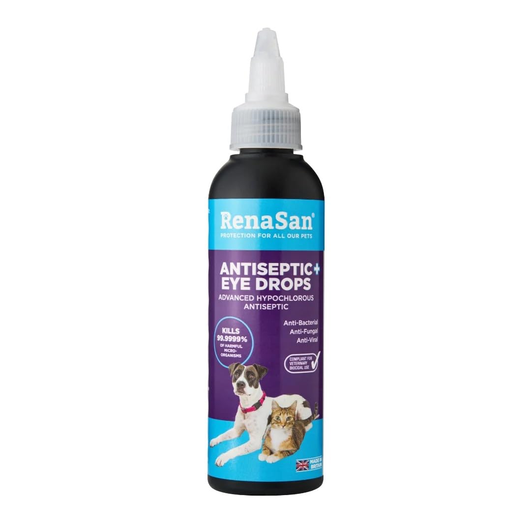 RenaSan Antiseptic Eye Drops (60 ml) – Eye Disinfection, Alcohol-Free, Non-Irritating and Natural Eye Cleaning Solution for Dogs, Cats, Reptiles, Poultry, Avian & Livestock (PACKAGING MAY VARY)