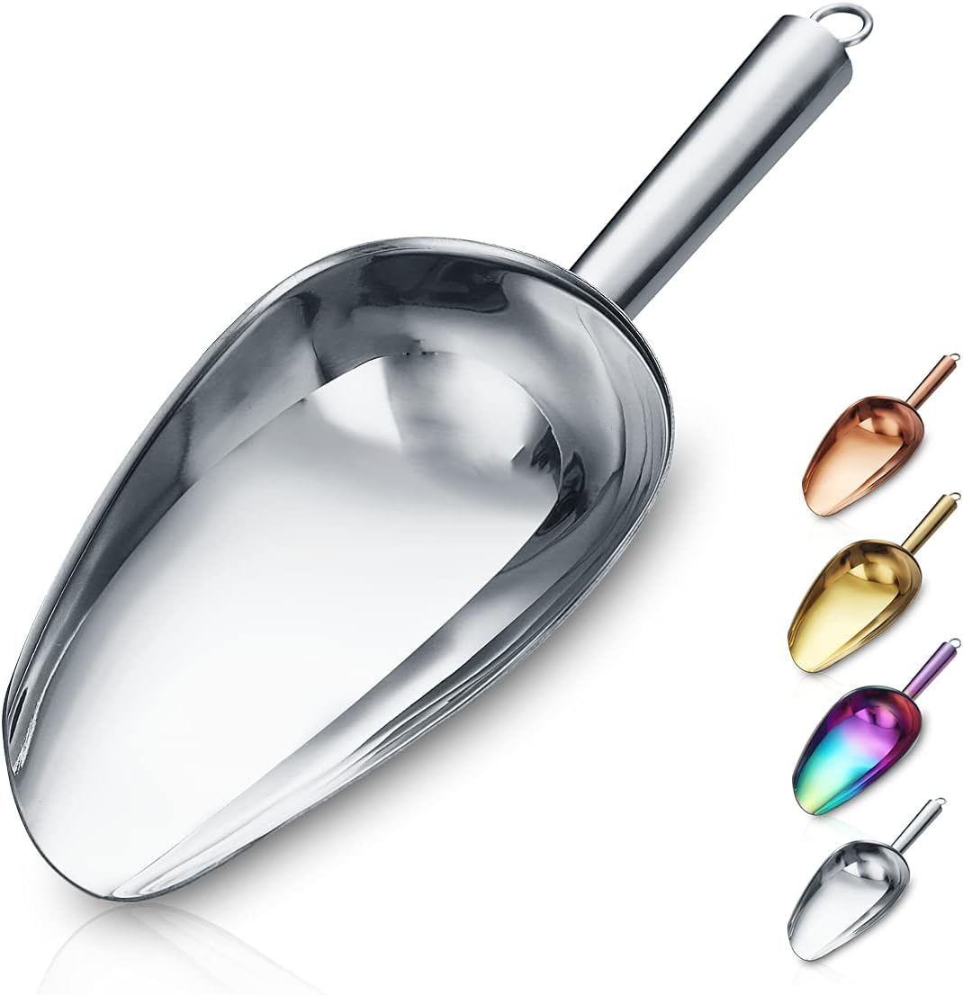 Berglander Stainless Steel Ice Scoop 6 OZ, Multipurpose Scooper for Kitchen, Bar, Party, Wedding, Pet, Animal, Dog Food, Beach Shovel (Silver)
