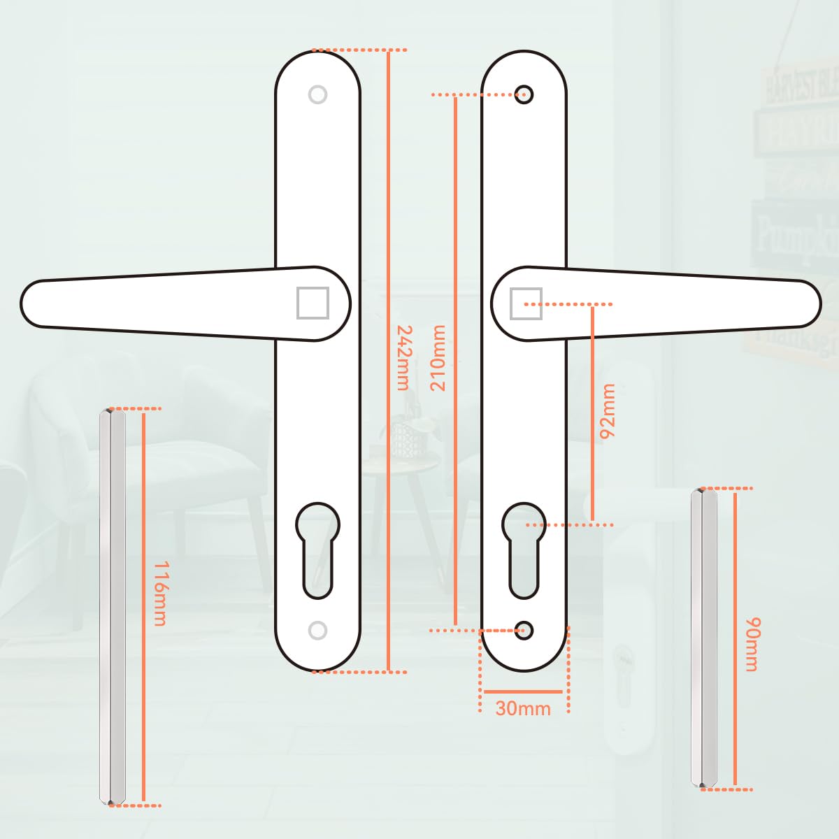 Bwintech 1 Set Black UPVC Door Handle Set, 92mm Backset,122mm Screw Hole Distance, 210mm Plate Length Front Door Handles for UPVC Door
