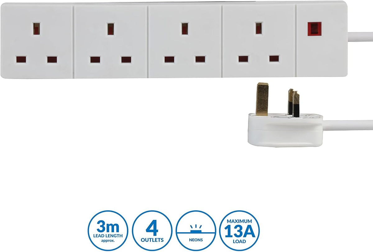 Pro Elec 3 m 4 Socket Neon On Light Extension Lead - White