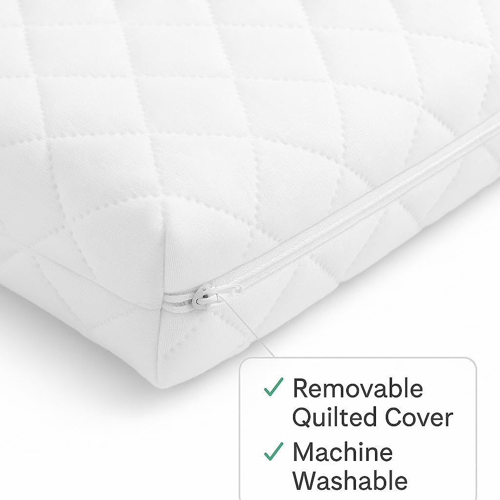 Travel Cot Mattress 95 x 65 x 7.5 cm – Fits Red Kite, Hauck, Graco – Quilted Breathable & Anti-Allergenic Polycotton Cover – Firm Foam Support, Removable Cover – UK Made
