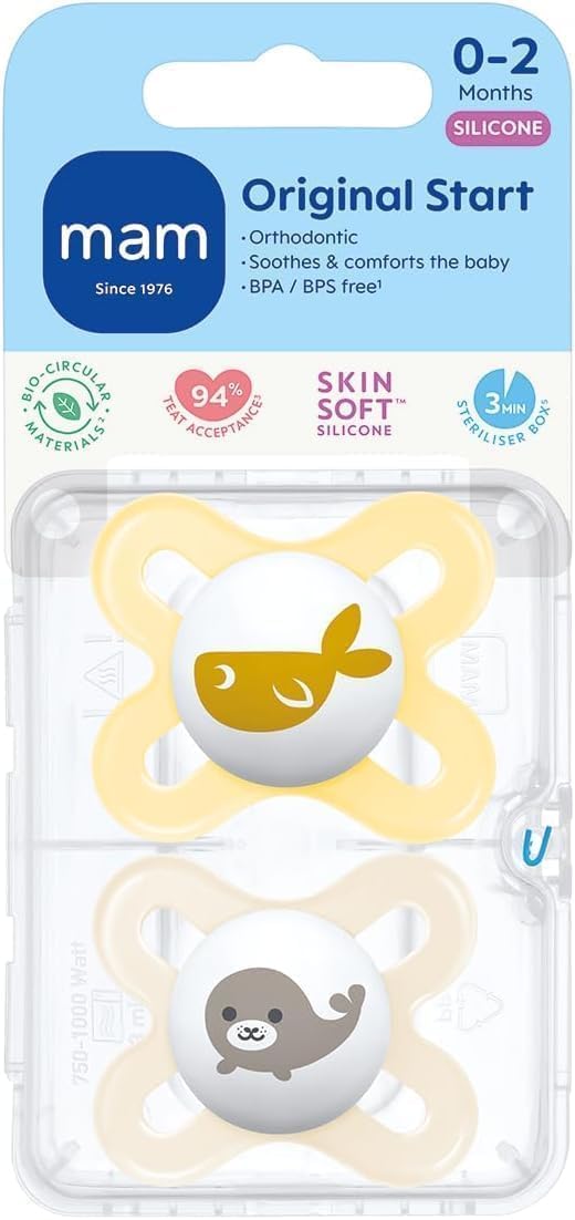 MAM Original Start Dummies, 0-2M, 2 Pack, Orthodontic Design, Cream/Yellow