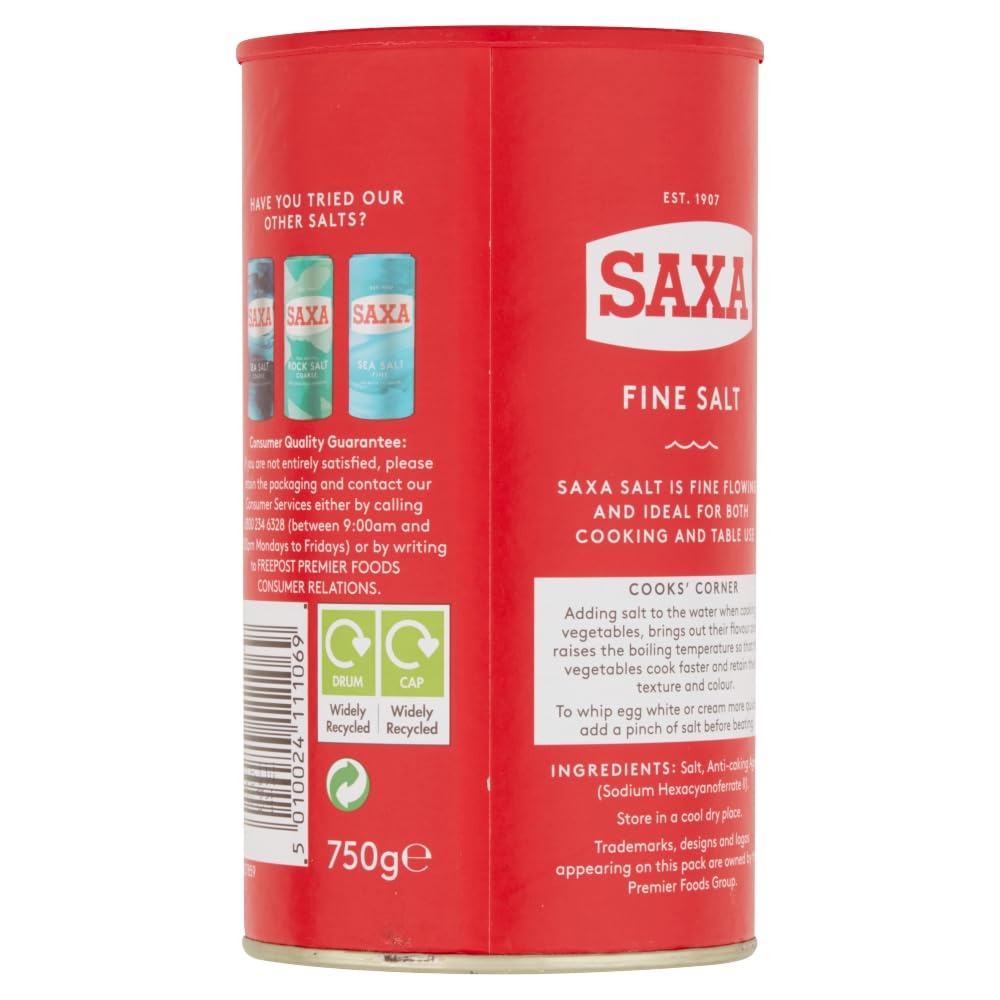 Saxa Fine Table Salt for Table & Cooking, 750 g Drum (1-Pack)