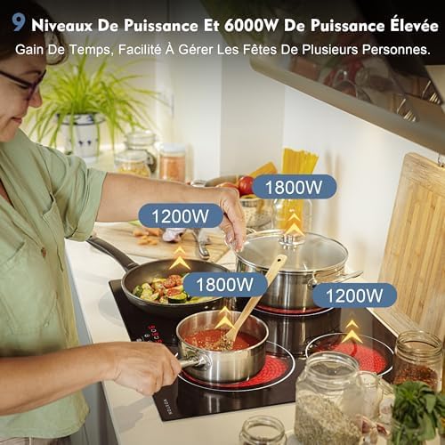 NOXTON Ceramic Hob, Built-in 4 Zone Electric Hobs 60cm Noise-free Auto Shut-off Safe Lock Heat Indicator Black Glass Panel Cooktop with Touch Controls