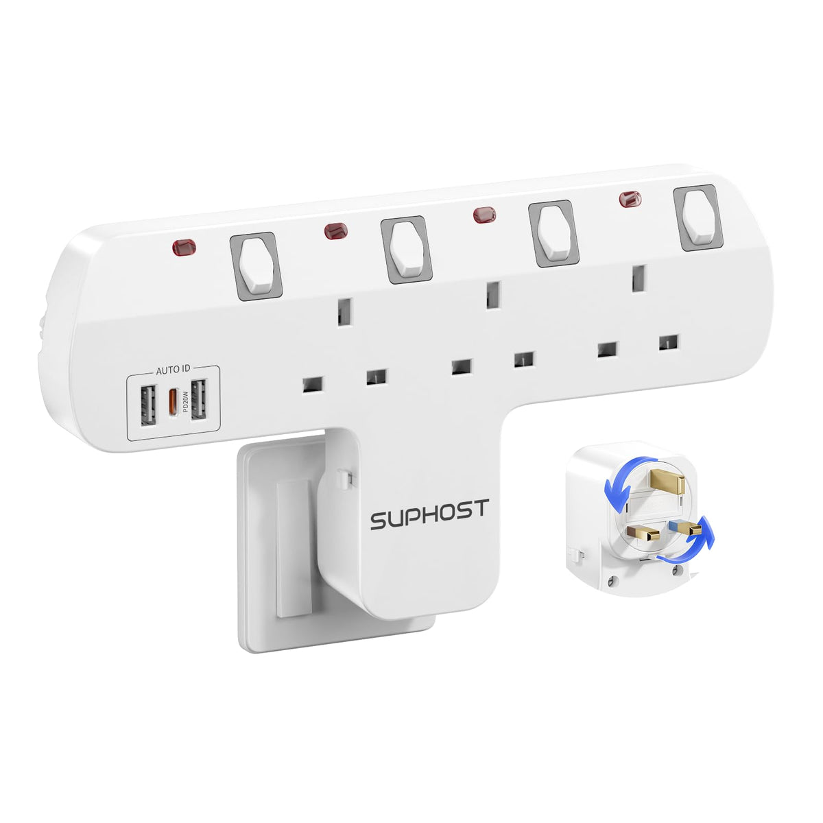 Plug Extension Socket, 4 Way Plug Adapter with 180 Degree Rotating UK Plug, 13A Fused Multi Plug Adaptor with 4 Independent Switches, Wall Socket Extension for Home Office Kitchen