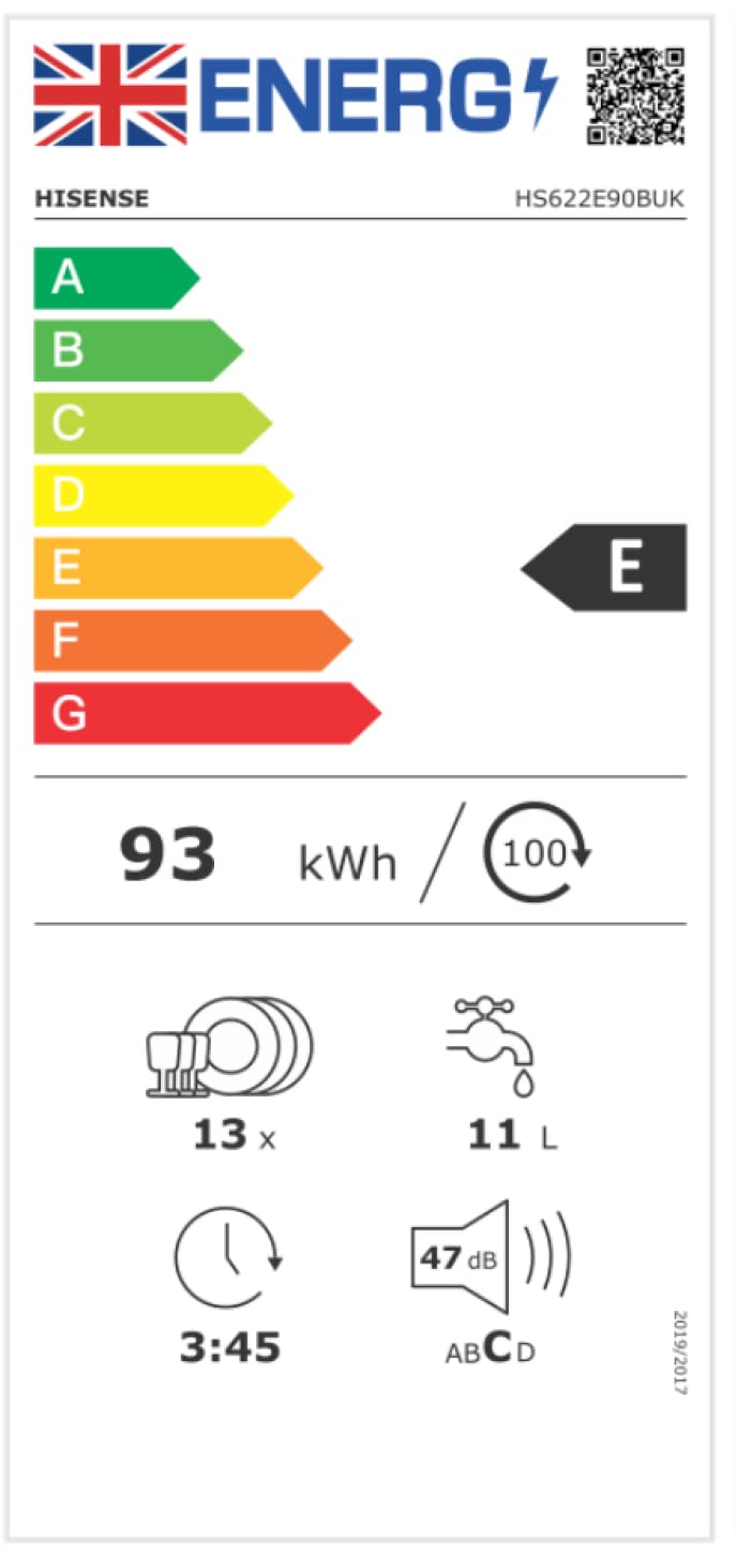 Hisense HS523E15WUK Slimline 10 Places Free Standing Dishwasher White with 30 Minutes Quick Wash [Energy Class E]