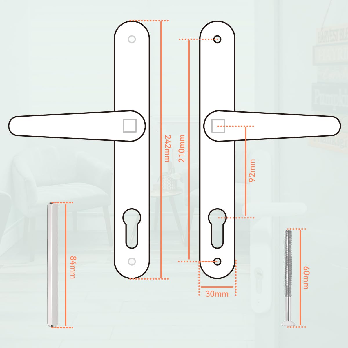 Bwintech 1 Set Black UPVC Door Handle Set, 92mm Backset,122mm Screw Hole Distance, 210mm Plate Length Front Door Handles for UPVC Door