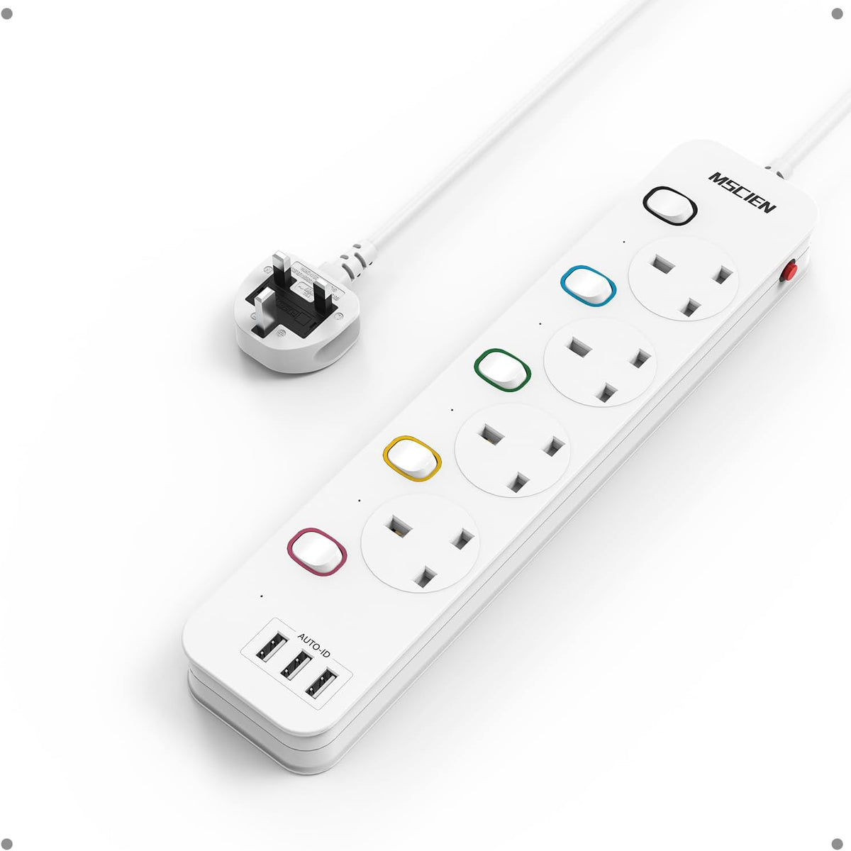 Mscien Extension Lead 1M with USB Slots 4 Way Wall Mounted, 1M Extension Lead Switched with Multiple Protection, Fused Power Strip 4 Sockets White, 13A/3250W