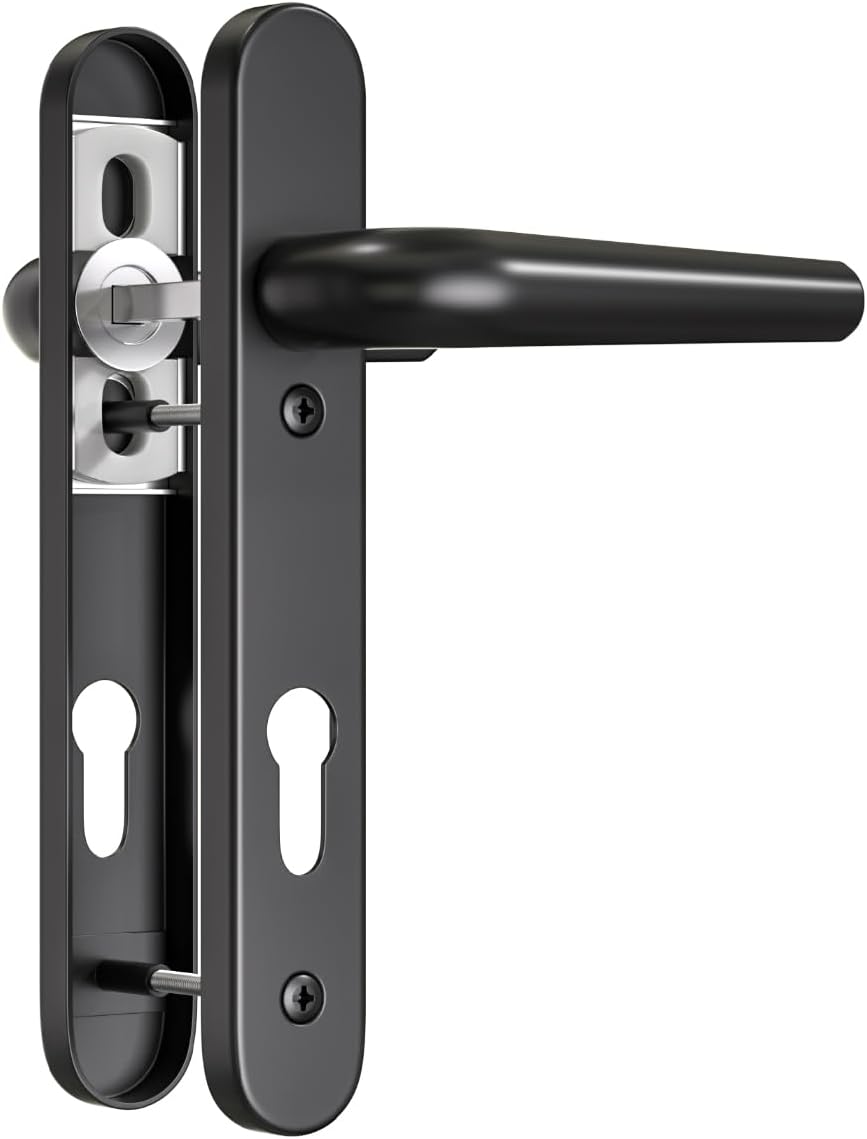 Bwintech 1 Set Black UPVC Door Handle Set, 92mm Backset,122mm Screw Hole Distance, 210mm Plate Length Front Door Handles for UPVC Door