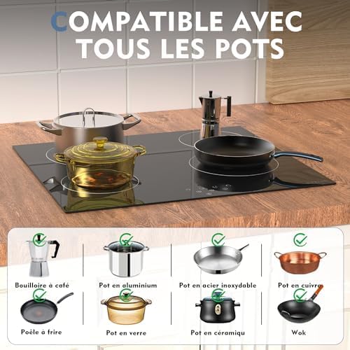 NOXTON Ceramic Hob, Built-in 4 Zone Electric Hobs 60cm Noise-free Auto Shut-off Safe Lock Heat Indicator Black Glass Panel Cooktop with Touch Controls