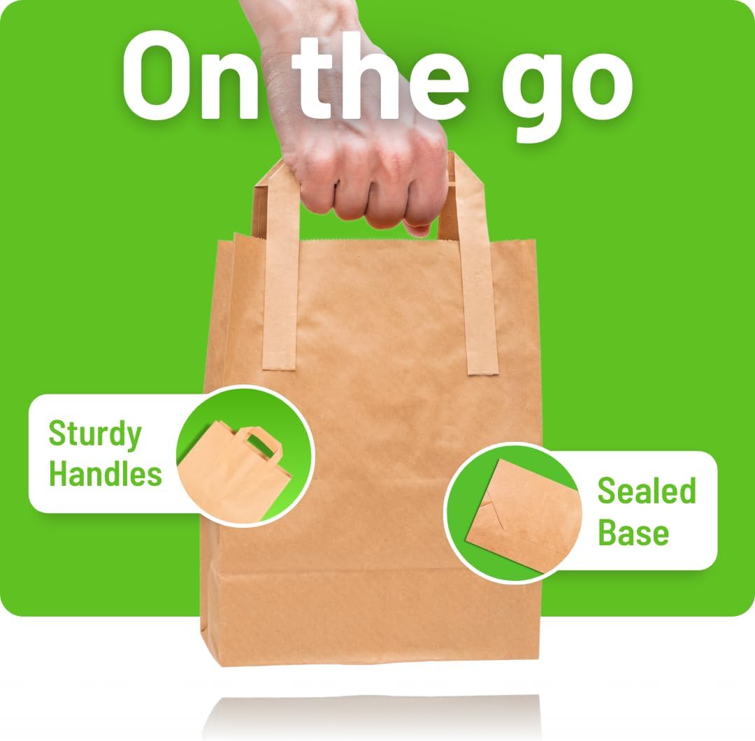 Brown Paper Bags with Handles - Small 8 x 7 x 3.5", 250 Pack, 80gsm Kraft Material, Takeaway Lunch Grocery Shopping Gift Party