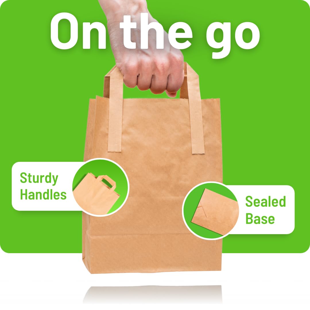 Brown Paper Bags with Handles - Small 8 x 7 x 3.5", 250 Pack, 80gsm Kraft Material, Takeaway Lunch Grocery Shopping Gift Party