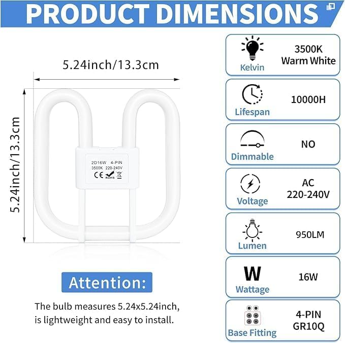 4-PIN 16W(Size: 13.3cm*13.3cm) GR10Q Compact Fluorescent Lamp Non-Dimmable Warm White 3500K, 4PIN (Not 2Pin) Recessed Ceiling Light, CFL Light Bulb, Low Energy Light Bulb, Suitable for Indoor Corrido