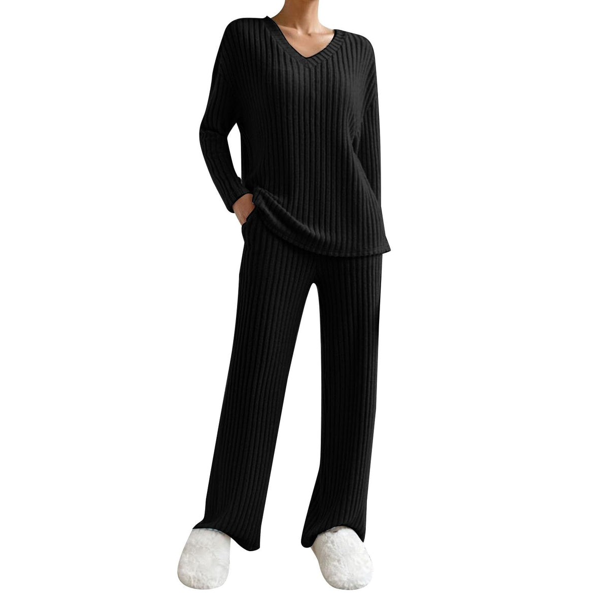 Lounge Wear Sets For Women Uk Womens Pyjamas Set Ladies Pyjamas Two Piece Outfit Fleece Tracksuits V-Neck Long Sleeve Jumpers And Wide Leg Trousers With Pockets Sleepwear Plain Casual Homewear