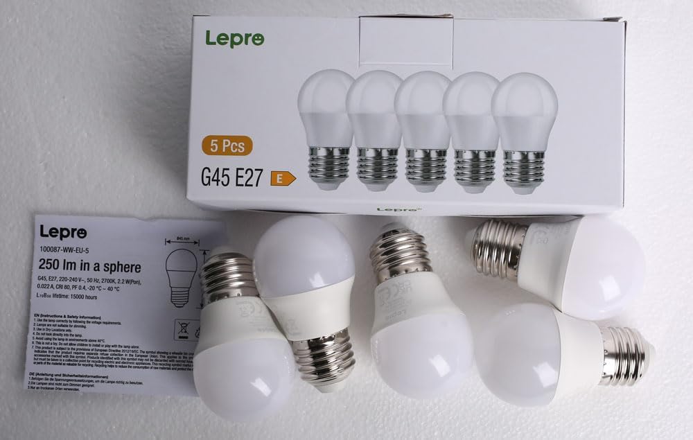 Lepro G45 E27 Screw Bulb, Warm White 2700K, 2.2W = 25W, 250LM, Pack of 5