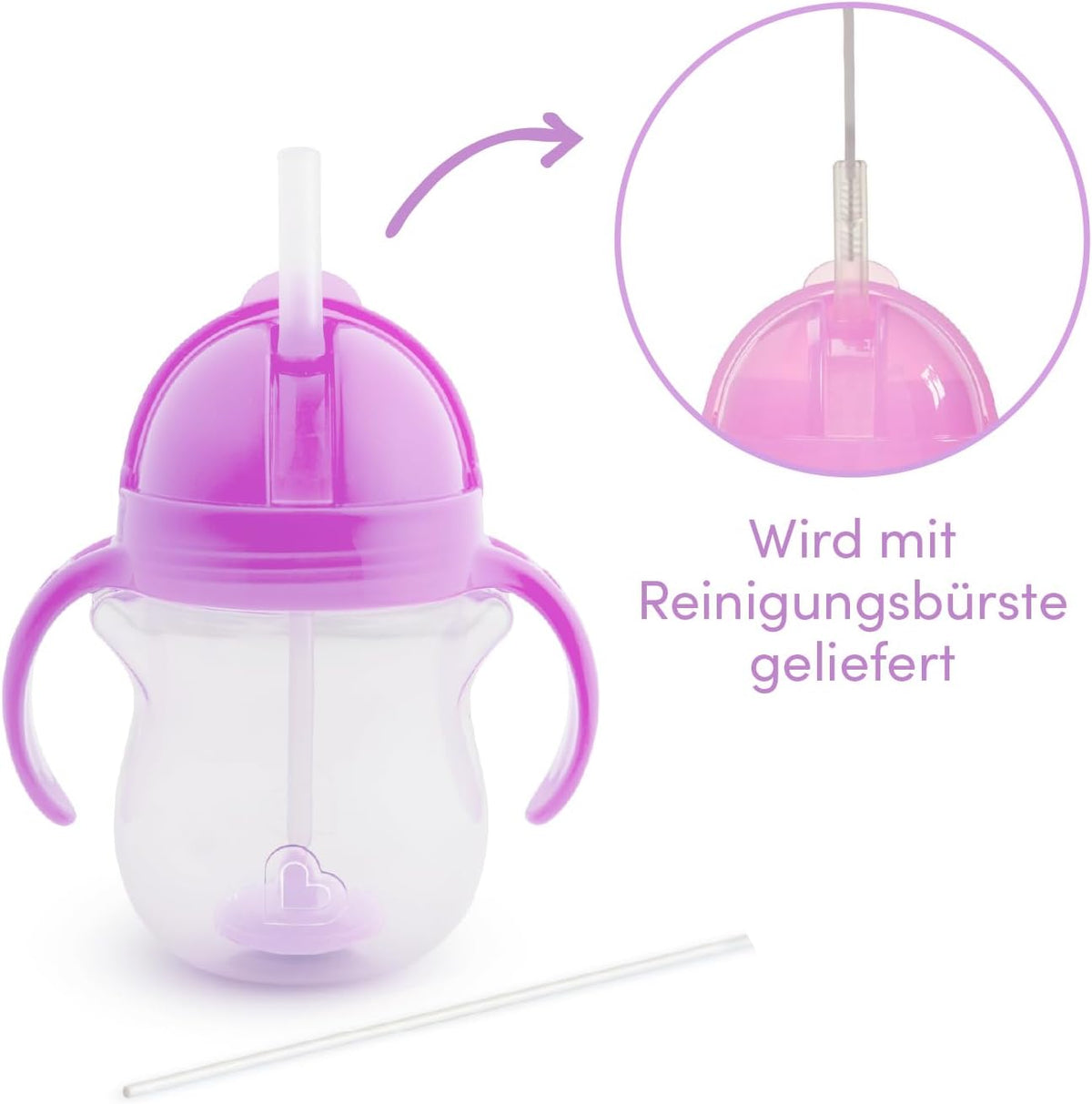 Munchkin Click Lock Tip & Sip Straw Cup Set| Baby & Toddler Sippy Cups with Straw| BPA Free Non Spill Cup| Dishwasher Safe Baby Straw Cup| Weighted Straw Childrens Cups| 7oz/207ml| 2 Pack| Pink/Purple