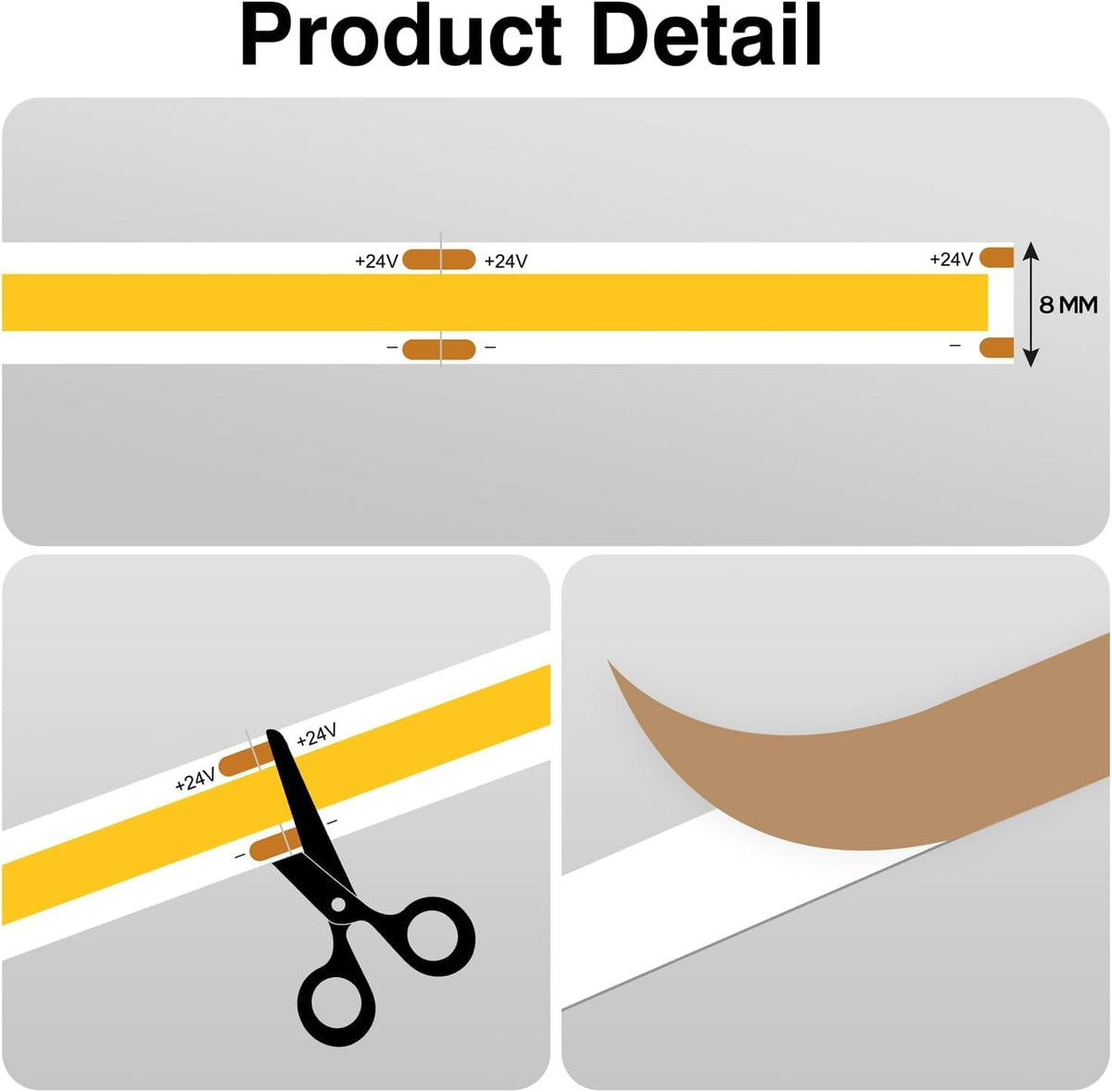 COB LED Strip 7.5m Warm White, 3000K, 24V, Remote Control, 8mm Wide