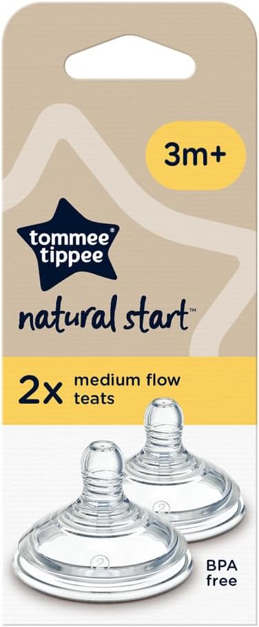 Tommee Tippee Natural Start Baby Bottle Teats, Medium Flow for 3m+, Pack of 2 Breast-Like Teats for a Natural Latch, with Anti-Colic Valve and BPA Free Soft Silicone