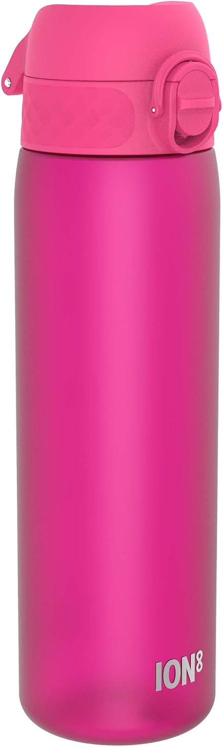 Ion8 Water Bottle, 500 ml/18 oz, Leak Proof, Easy to Open, Secure Lock, Dishwasher Safe, Hygienic Flip Cover, Carry Handle, Fits Cup Holders, Easy Clean, Hot Pink