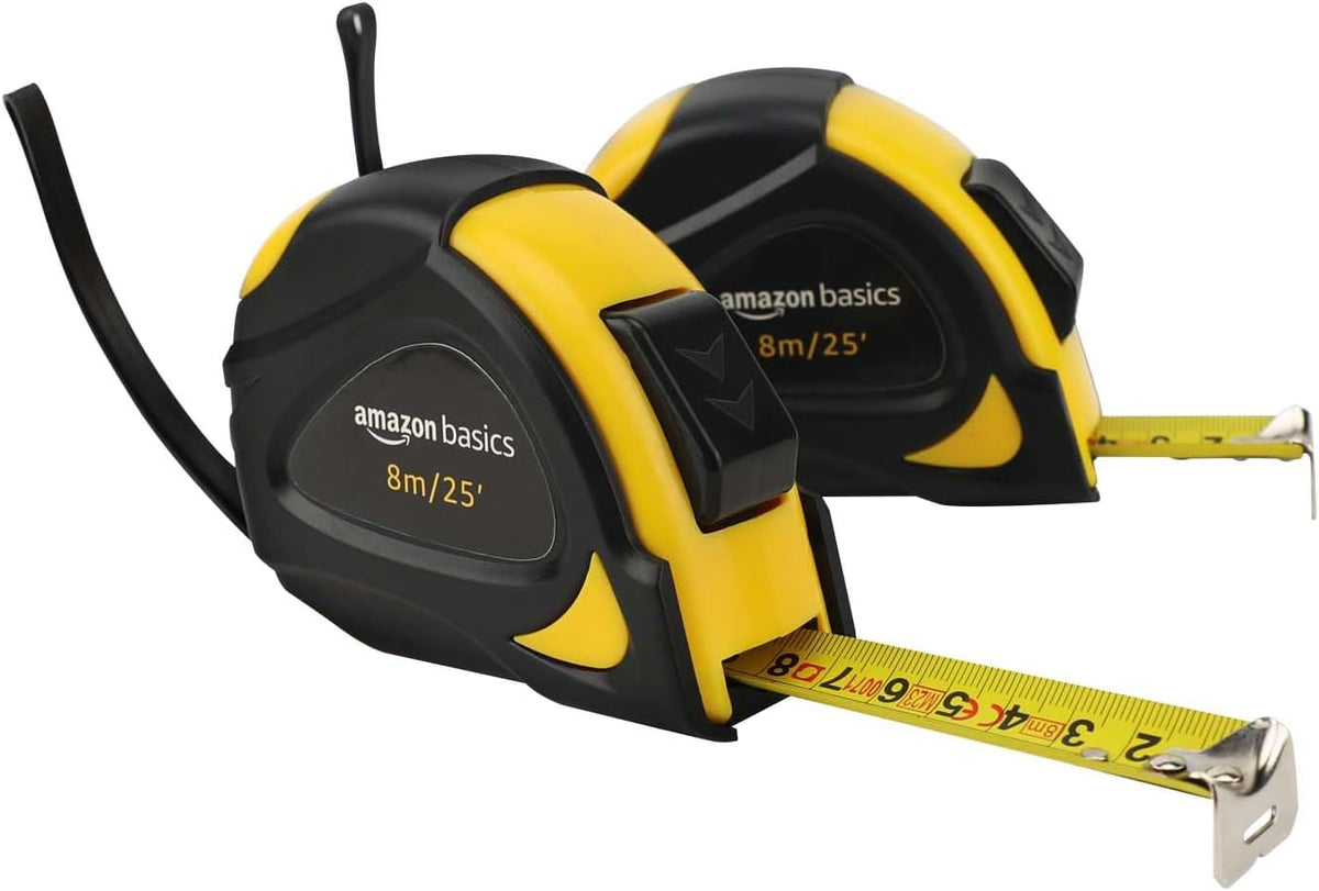 Amazon Basics Self-Locking Tape Measure, MID Accuracy, 7.6 m (2-Pack) meters Scale, Yellow