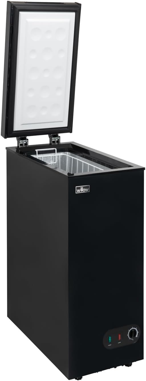 Willow WCF60B Freestanding 51L Slimline Compact Chest Freezer with Adjustable Thermostat, Removable Storage Basket, Suitable for Outbuildings and Garages - Black