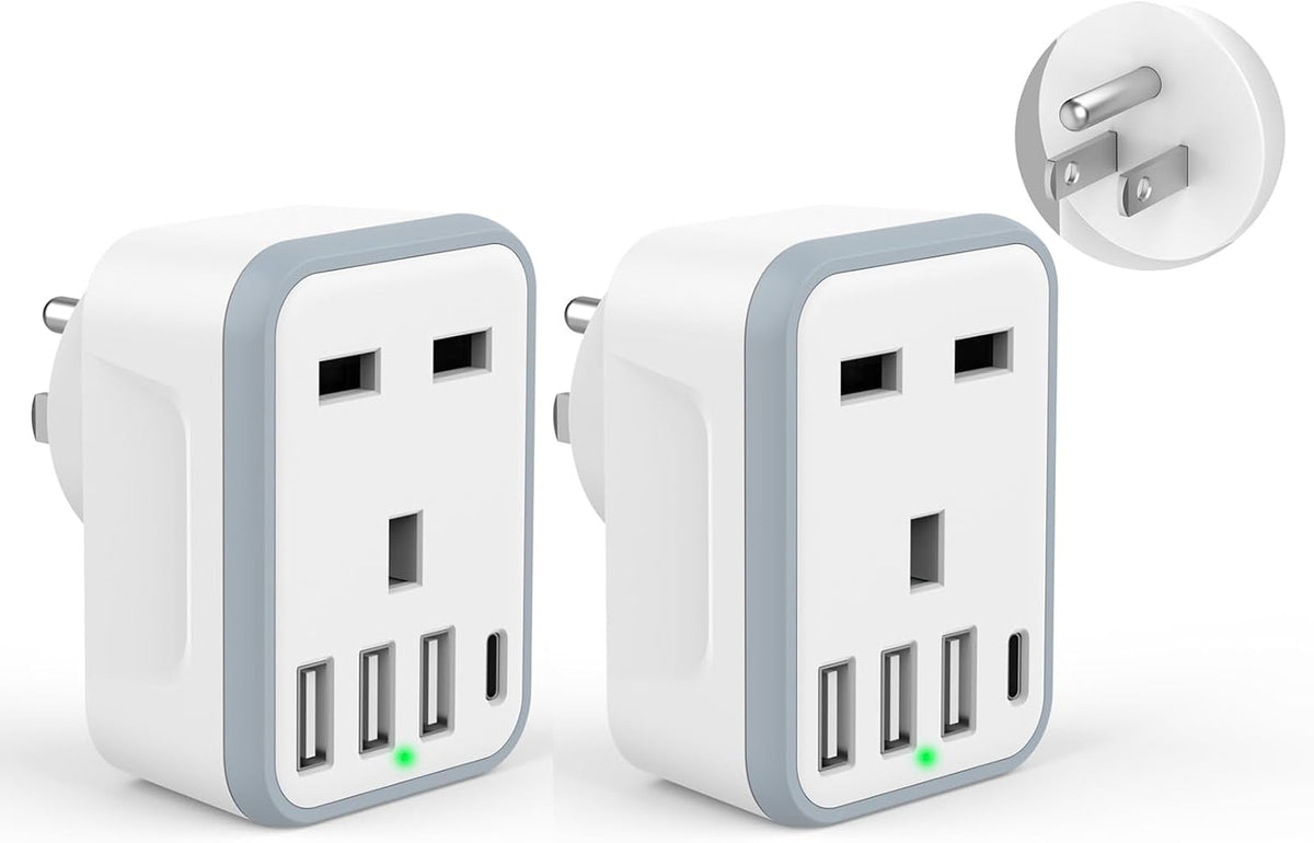 Loydia UK to US Plug Adaptor, 2 pack USA Travel Adapter with 3 USB &1 USB C Ports, 5 in 1 US Plug Adapter from UK to USA, Canada, Thailand, Mexico, Colombia (Type B)