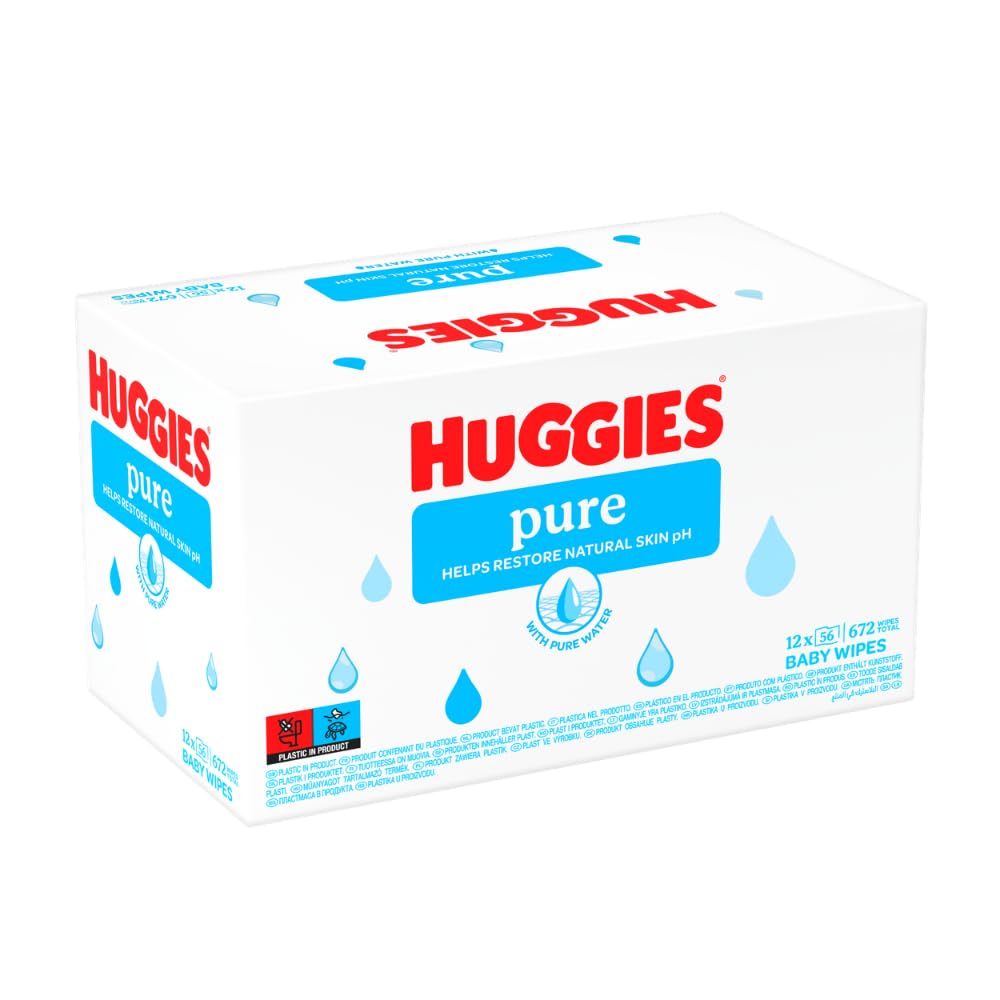 Huggies Pure Plastic Free Baby Wipes - Pack of 12 (576 Wipes) – 99% Water Wet Wipes, Fragrance Free, Hypoallergenic, Better Cleaning, Soft and Gentle on Babies' Delicate Skin