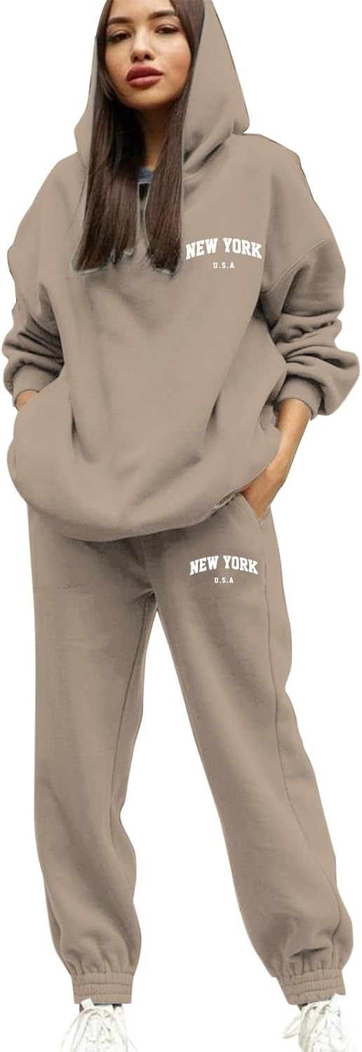 Tracksuit Womens Full Set UK 2 Piece Hooded Sweatshirt and Sweatpants Sets Casual Long Sleeve Pullover Hoodie Elasticated Waist Joggers Sets Letter Print Plus Size Lounge Wear Gym Sports Activewear