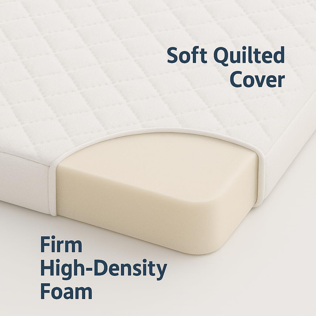 Travel Cot Mattress 95 x 65 x 7.5 cm – Fits Red Kite, Hauck, Graco – Quilted Breathable & Anti-Allergenic Polycotton Cover – Firm Foam Support, Removable Cover – UK Made
