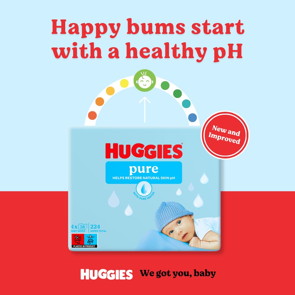 Huggies Pure Plastic Free Baby Wipes - Pack of 12 (576 Wipes) – 99% Water Wet Wipes, Fragrance Free, Hypoallergenic, Better Cleaning, Soft and Gentle on Babies' Delicate Skin