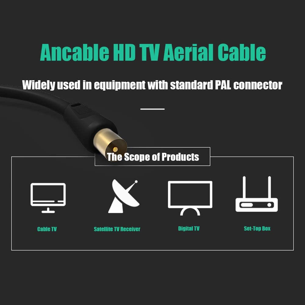 Ancable TV Aerial Cable with Coaxial Adapter 1M Black TV Ariel Lead